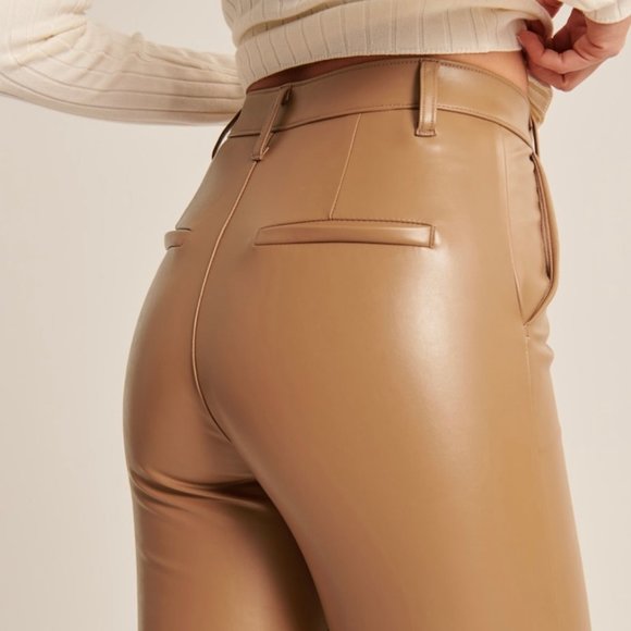 Abercrombie and Fitch Vegan Leather Split Hem Pants - Light Brown Caramel - Picture 1 of 7